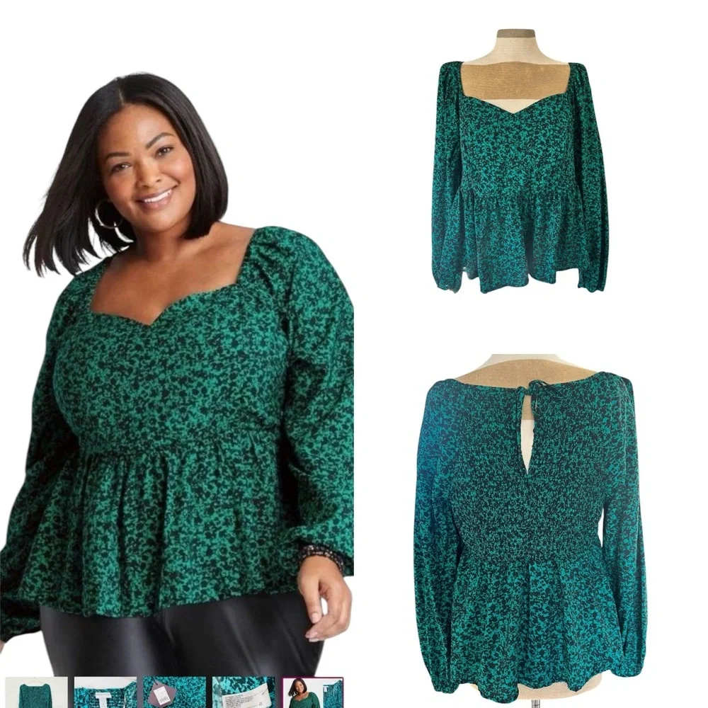 Ava & Viv green floral peplum top X